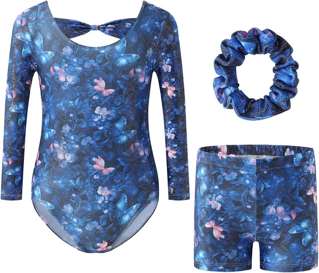RONGTAI Gymnastics Leotards for Girls Long Sleeve Unitards Biketards with Shorts Matching Hair Scrunchie Outfits 3-12 Years (6-7 Years, Butterfly)