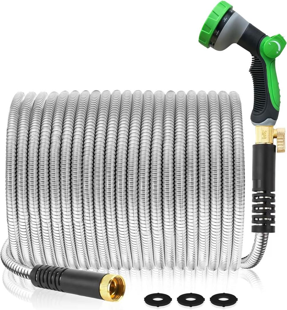 Metal Garden Hose 100Ft Stainless Steel Water Hose Heavy Duty with 10 Way Nozzle-Flexible Lightweight Durable No Kink & TangleStrong 3/4 Solid Metal Fitting a Stop Valve for Outdoor Yard (Silver)