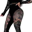 One Shoulder Mesh Cutout Jumpsuit, Long Sleeve, Black Lace Pattern, Club Party Wear L