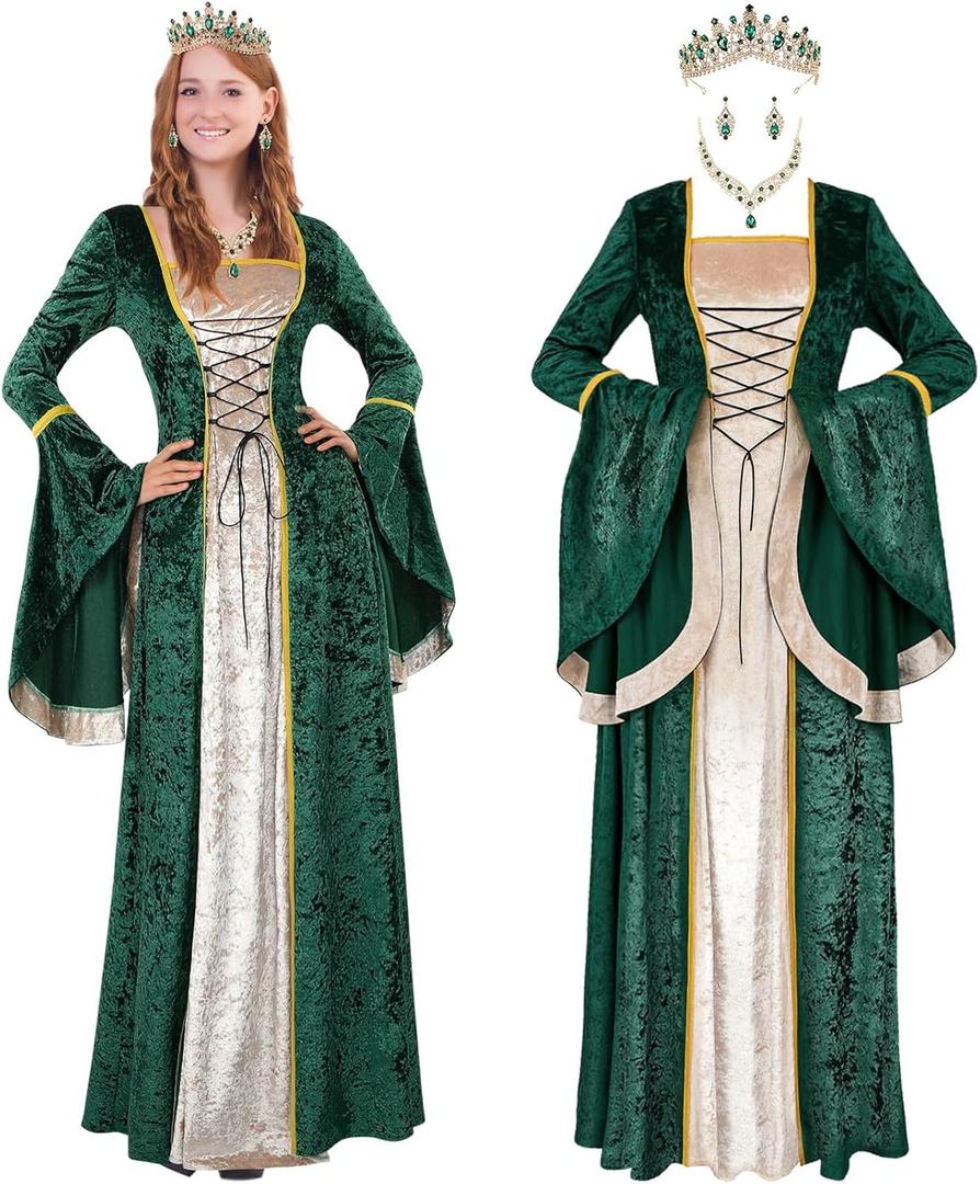 Mepase Women Renaissance Velvet Dress Medieval Costume with Rhinestone Tiaras Crowns Irish Dresses Halloween Gothic Cosplay (Medium, Green)