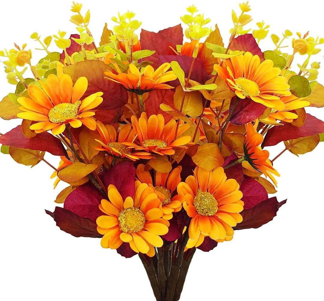5 Bundles Fall Artificial Flowers Faux Floral Bouquet Arrangements Fake Mums Silk Sunflowers with Autumn Eucalyptus Stems Plants for Home Indoor Table Festival Decoration