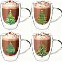 Layhit 4 Pcs Glass Coffee Mugs, 12 oz Double with Handle Clear Holiday Styles Cups Iced Coffee Mugs for Hot Chocolate Milk Beverages(Xmas Tree)