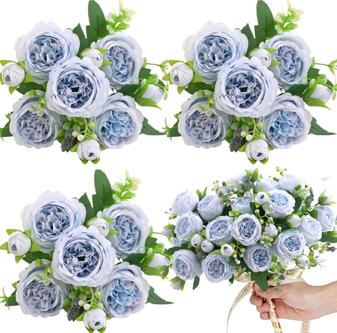 ASTRYAS Artificial Flowers, 3PCS Blue Artificial Fake Peony Flower Silk Peonies Faux Flowers Arrangements Table Centerpieces for Wedding Office Party Home Decoration