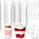 Soelomu Mini Plastic Dessert Cups with Spoons 200 Pcs | Serves 100 | 5 OZ Square and 2.2 OZ Slanted Dessert Shooters | Small Party Serving Cups for Parfait, Appetizers, Dessert Shot Glasses Set