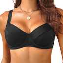Women's Underwire Push Up Bikini Top - Ribbed Swim Bra 2025 Large Bust Bathing Suit Tops (Medium, Black)