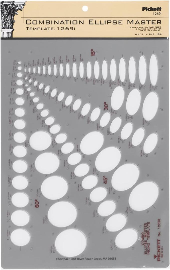Pickett Combination Ellipse Master Template, 15 Degree, 30 Degree, 45 Degree and 60 Degree Projections, Gray (1269I)