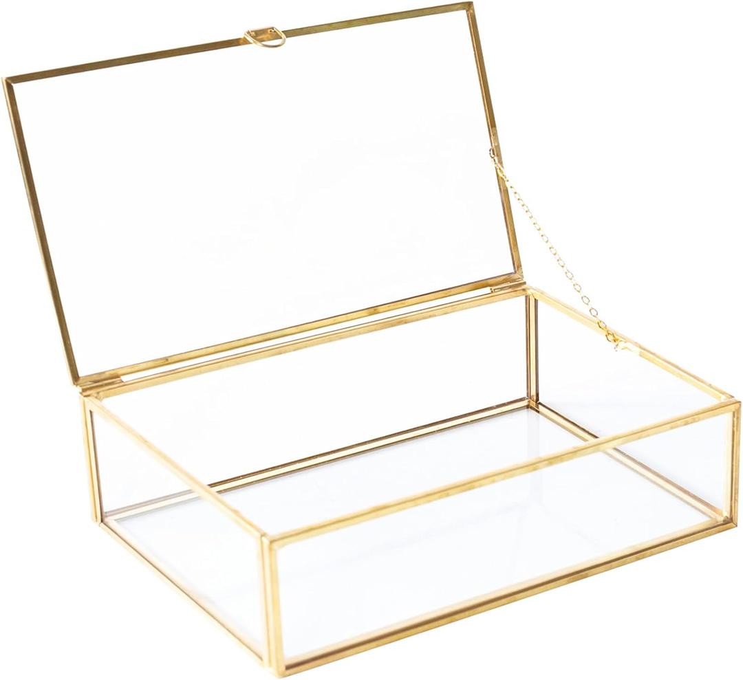 Large Vintage Golden Lidded Glass Box, Rings Bracelet Organizer Home Decor, Edge Bracelet Decorative Jewelry Display Box(10.8x7x3.9 inch)