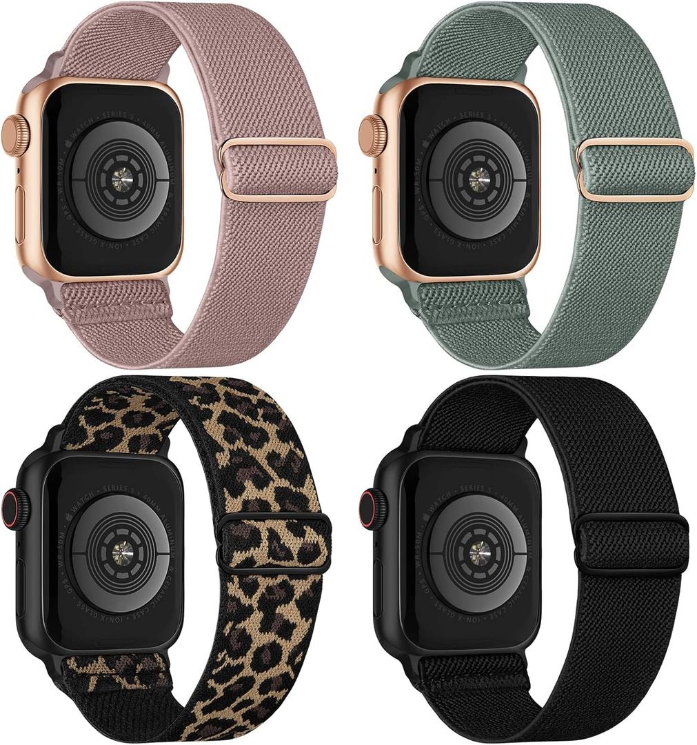 4 Pack Stretchy Solo Loop Compatible with Apple Watch Bands 38mm 40mm 41mm 42mm 44mm 45mm 46mm 49mm Women Men, Sport Nylon Elastic Straps Wristbands for iWatch Series 11 10 9 8 7 6 5 4 11 Ultra/SE 3 2 (Black/Cactus/Leopard/Nude Pink)