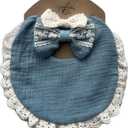 Baby Girl Gift Set, Muslin BoHo Bib with Lace and Matching Bows, Absorbent Cotton Adjustable Bib for Newborn Infant Toddler (Dusty Blue)