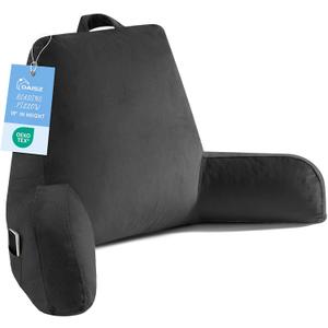 Reading Pillow for Sitting in Bed Adult, Reading Pillow with Shredded Memory Foam, Back Pillow for Bed Sitting Up with Extend Arms, Pockets, Pillow with Washable Cover,Black, X-Large