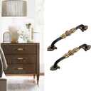 2 Pack Antique Brass Cabinet Handles 5 inch French Provincial Drawer Pulls Vintage Cabinet Hardware Floral Drawer Pull Solid Brass Antique Gold Handles for Dresser - Gold & Black (5" Hole Center)