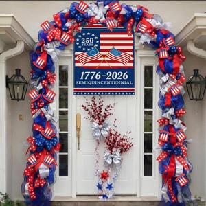 Red White and Blue Door Garland 6.56 ft Patriotic Front Door Decor 4th of July Independence Day Garland Bow 250th Anniversary Banner for Memorial Veterans Mantel Fireplace Wall Stair Backdrop