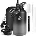 Insulated Water Bottle 64 oz, Triple Wall Vacuum Stainless Steel (Cold for 48 Hrs), Leak Proof & Non-BPA, Half Gallon Water Flask Jug with Paracord Handle & Straw Spout Lids, Dark Gray