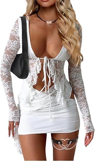 CSDAJIO 2 Piece Outfits for Women Floral Lace Open Front Tie Up Long Sleeve Crop Top Blouse Shirt and Mini Skirt Set, Medium