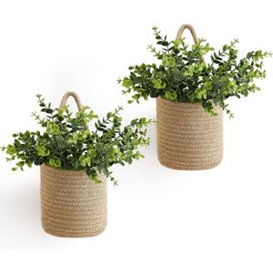 Dahey 2 Pack Wall Hanging Rope Basket (5.5"W6.2"H) with Artificial Eucalyptus, Jute Woven Storage Organizer Flower Plants Basket Farmhouse Rustic Wall Decor for Porch Living Room Bedroom Entryway