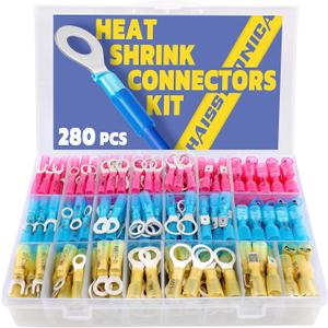 haisstronica 280PCS Marine Grade Heat Shrink Wire Connectors-Electrical Connectors Kit of Tinned Red Copper,Crimp Insulated Ring Fork Spade Butt Splice(3Colors/21Size) 16-14 22-16 12-10 Gauge