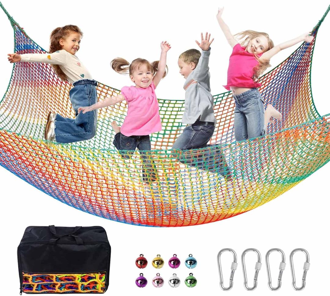 Climbing Net for Kids - 3.3FT x 9.9FT Double Layers Heavy Duty Playground Safety Net, Climbing Cargo Net for Tree House Tree Fort, Back Yard, Jungle Gyms, Monkey Bar Security MeshRainbow