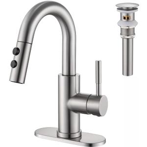 Bathroom Sink Faucet with Pull Down Sprayer, Brushed Nickel Single Handle Pull Out Faucet with Pop-Up Drain, 1 or 3 Hole Laundry Bar Basin Faucet with Deck Plate, KBL-7002BN-CL