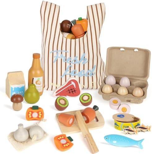Lehoo Castle Wooden Play Food Sets for Kids Kitchen, Food Toys for Toddlers 3+ Year Old, Pretend Food Play Kitchen Accessories, Cutting Fruits Vegetables Toys, Gift for Boys Girls