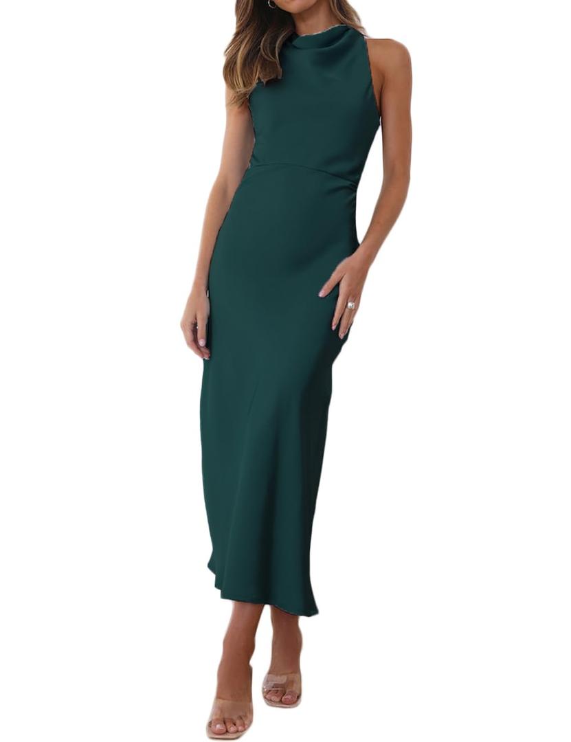 Halfisland Satin High Neck Backless Sleeveless Midi Dresses for Women Elegant Mock Neck High Waist Cross Back Cocktail Dress, size medium