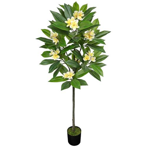 Briful Artificial Plants Indoor 5.09ft Fake Tropical Plumeria Flowers Tree in Black Pot Hawaiian Yellow Plumeria Faux Frangipani Tree Potted Floor Plant for Home Office Wedding Decor