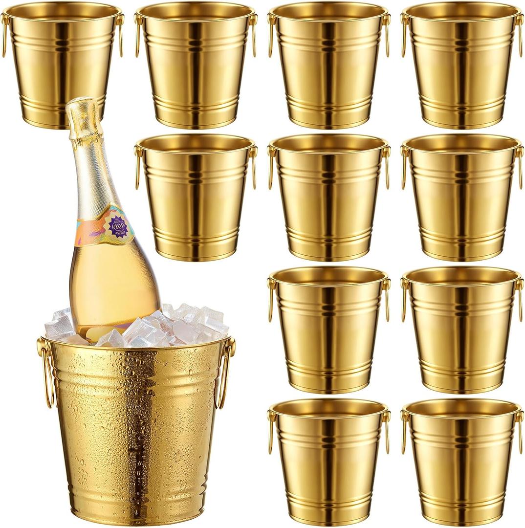 Mumufy 10 Pcs 3.3 Qt / 3 L Champagne Ice Buckets Stainless Steel Ice Bucket with Handles,Drink and Wine Chiller Great for Home Bar Club Party Supplies, Chilling Champagne and Sparkling Wine (Gold) (EXP 02/04/26)