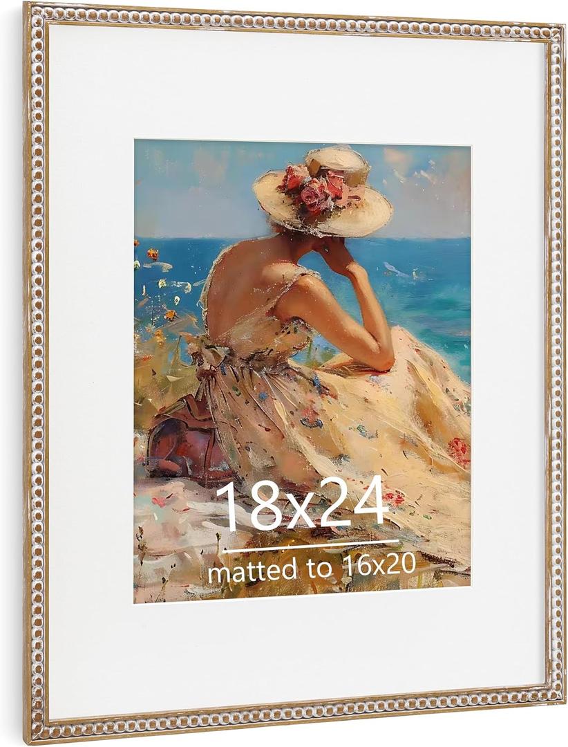 18x24 Poster Frame with Mat for 16x20, Distressed Beaded Wood, High-Clarity Glass, Whitewashed Farmhouse Style for Gallery Wall Decoration, Natural