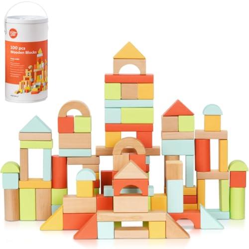 Pidoko Kids Building Blocks for Toddlers 1-3, Wooden Blocks for Kids with Storage Bucket and Shape Sorter Lid Montessori Toys for 1 2 3 Year Old, Learning Toys for Preschool Girls and Boys