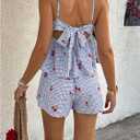 GORGLITTER Women's 2 Piece Cute Summer Outfits Gingham Cherry Tie Back Babydoll Tops Boxer Shorts Sets Blue Multicolor Large