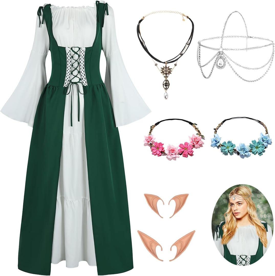 Renaissance Costume Women Medieval Fairy Elf Irish Dress Adult Halloween Costumes Viking Chemise with Accessories (Medium, Green)