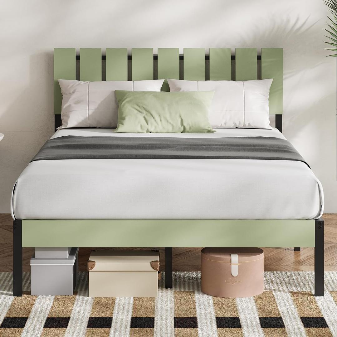 Novilla Full Size Bed Frame with Modern Wooden Slatted Headboard, Easy Assembly, Heavy Duty Metal Platform, Noise-Free, Under-Bed Storage, No Box Spring Needed