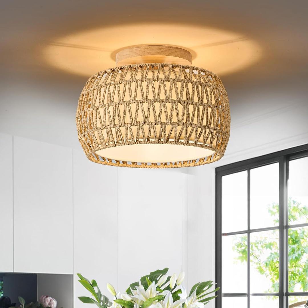 Boho Rattan Flush Mount Ceiling Lights 12 Inch Farmhouse Ceiling Light Fixtures Rustic Wicker Hand Woven Rope Cage for Dining Room Kitchen Bedroom Foyer Hallway Entryway