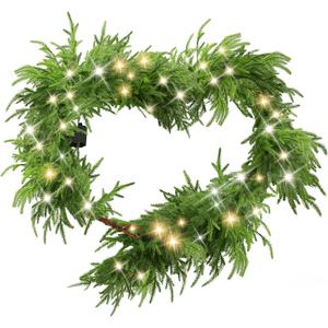 6 Ft Christmas Norfolk Pine Garland with 100 LED Lights, Dense Norfolk Pine Real Touch Garland, Artificial Greenery Garlands for Christmas Holiday Mantle Fireplace Table Home Decor Xmas