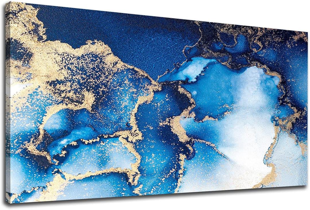 Abstract Blue Gold White Ocean Canvas Wall Art Modern Coastal Sea Pictures Wall Decor Nature Landscape Painting Artwork for Living Room Bedroom Kitchen Office Wall Decoration Ready to Hang 20" x 40" (40L" x 20W", Abstract Blue Ocean)