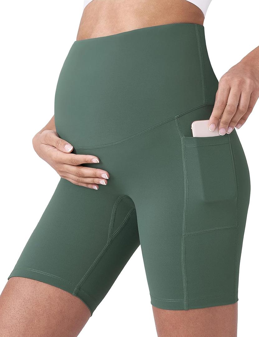 POSHDIVAH Women's Maternity Yoga Shorts Over The Belly Bump Summer Workout Running Active Short Pants with Pockets 5"/8" (Large, Crab Green 8") POSHDIVAH Women's Maternity Yoga Shorts Over The Belly Bump Summer Workout Running Active Short Pants with Pockets 5"/8" (Large, Crab Green 8")
