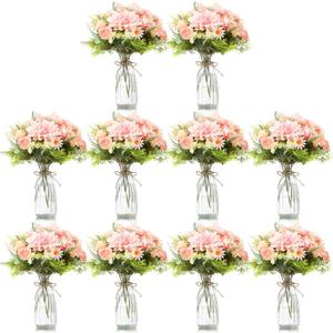 30 Pack Artificial Flowers with Vase Bulk, 20 Bundles Silk Floral Bouquet 10 Clear Vase with 1 Pcs Rope, Mason Jar Table Centerpiece Arrangement Wedding Party Decor(Dahlia,Pink)