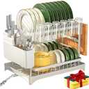 QECOUI 2-Tier Dish Drying Rack with Drainboard, Sink & Countertop Metal Dish Rack Organizer, Dish Drainers for Kitchen Counter, White Dish Racks