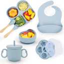Silicone Baby Feeding Set, Baby Led Weaning Supplies, Baby Food Tableware Silicone Suction Plate, Bowl, Spoons, Fork, Waterproof Bib, Cup & Complementary Food Cake Mold, Baby Eating Utensils (Light Blue)