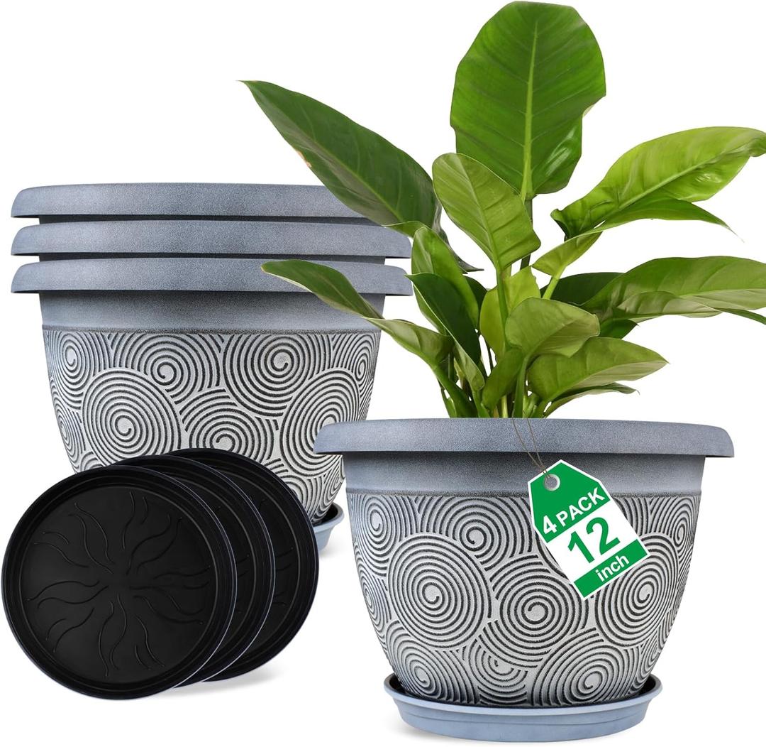 12 Inch Large Planter Pot for Plants Indoor Outdoor, 4 Pack Plastic Flower Pots with Drainage Hole & Tray, Modern Decorative Garden Pot with Saucer, Plant Container for House (Blue)
