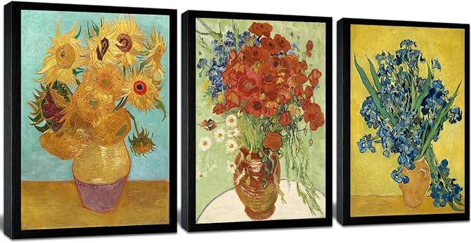 OKEXCKK Black Framed Sunflowers- Irises Flower Vase Vincent Van Gogh Art Reproduction, Giclee Canvas Prints Wall Art for Home Decor, SIze: 16" x 24" x 3pcs Frame