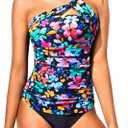 Tempt Me Two Piece Tankini Bathing Suits for Women One Shoulder Swim Top with Bottom Swimsuits (Large, Colorful Floral)