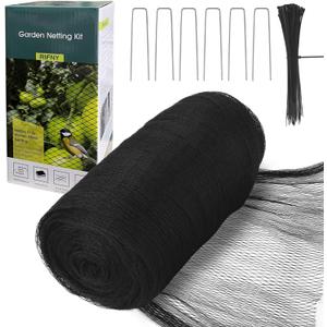 Bird Netting for Garden - 7.5 x 65 FT Heavy Duty Anti Bird Netting Mesh with Ties and Landscape Staples for Vegetable, Fruit Trees & Other Plants, Lasting Against Birds Deer Squirrels and Poultry (Black)