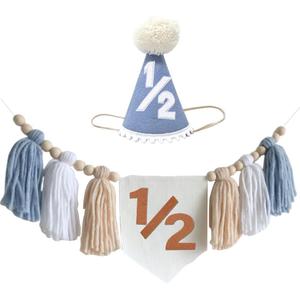 Blue Handmade 1/2 High Chair Banner with Cone Birthday Hat for Half Way To One Baby Boy 6 Months Half Birthday Decorations