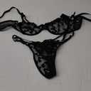 Lilosy Sexy Underwire Cute Push Up Strappy Embroidered Mesh Sheer Lingerie Set See Through Panty Bra Small, Black 