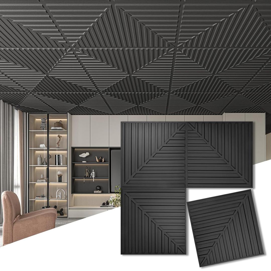 Art3d 12-Pack 2 x 2 ft 3D Textured Drop Ceiling Tiles, 24 x 24 in, Black
