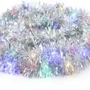 CCINEE Christmas Prelit Tinsel Garland, 33 Ft Silver Hanging Garland with 100 Multicolored Battery Operated LED String Lights for Christmas Tree Decorations Wedding Party Supplies