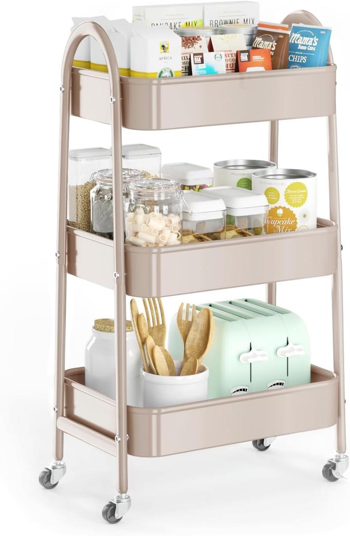 EAGMAK 3 Tier Utility Rolling Cart, Metal Storage Cart with Handle and Lockable Wheels, Multifunctional Storage Organizer Trolley with Mesh Baskets for Kitchen, Living Room, Office, Garage (Beige) (Normal)