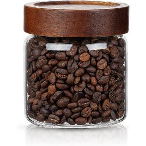 1PC Small Glass Storage Jars with Airtight Lids, 18 fl oz (550ml) coffee container with Wooden Lid, Glass Pantry Canister for Beans, Rice, Sugar and etc