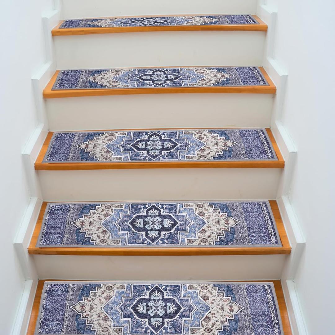 No Slip Stair Treads for Wooden Steps Indoor,Boho Carpet Stair Stread 15 Pack, 30x8 Stair Treads for Wooden Steps, Safe for Kids, Pets, and Elderly (Boho Blue)