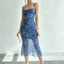 GORGLITTER Women's Floral Wedding Guest Derby Midi Dress Cocktail Summer Boho Beach Going Out Fishtail Sun Dresses Blue, Medium